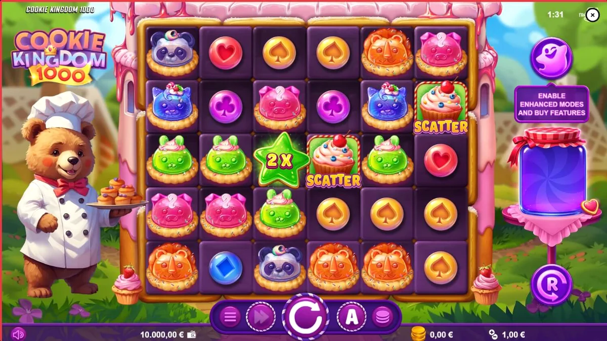 Cookie Kingdom 1000 slot machine interface na may makukulay na kendi at baker bear.