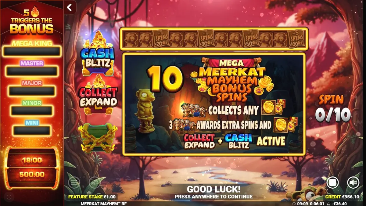 Isang makulay na slot game na Meerkat Mayhem na may temang disyerto at mga meerkat.